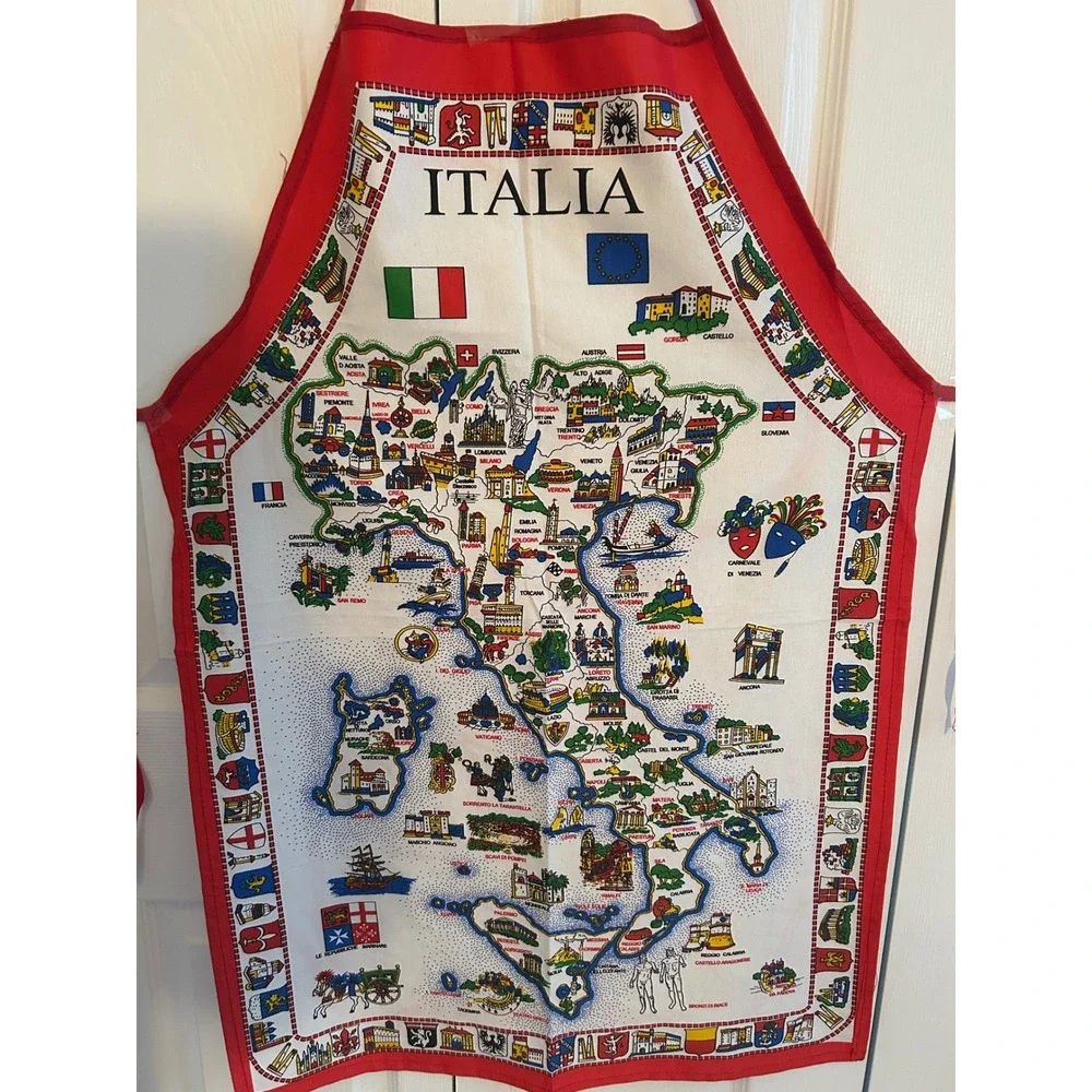 Vintage Italia Map Souvenir Apron Red White Italy Regions Landmarks Cotton Blend